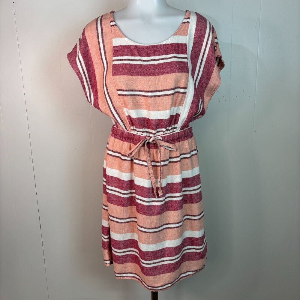 Old Navy Dress Small Petite Peach‎ Pink Striped Drawstring Waist Linen Blend SP